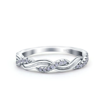 Half Eternity Rope Ring Wedding Band Round Pave Simulated CZ 925 Sterling Silver (4mm)